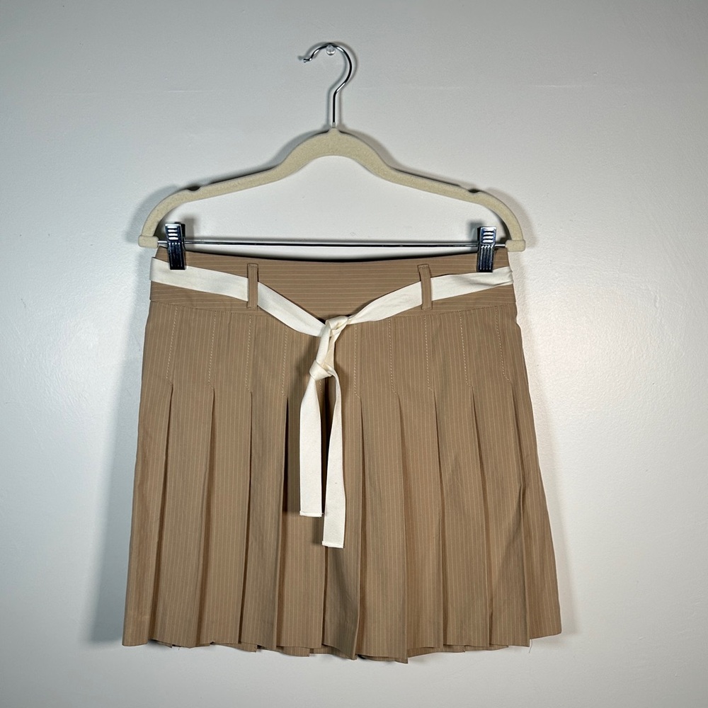 J.Crew Pleated Mini Skirt Size 8 Beige Cotton Preppy Tie Waist Classic